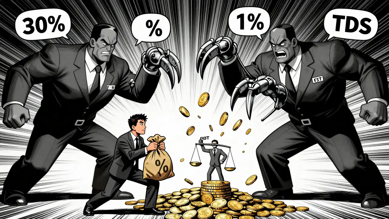 Trader losing money to 30% tax and 1% TDS figures in graphic novel art