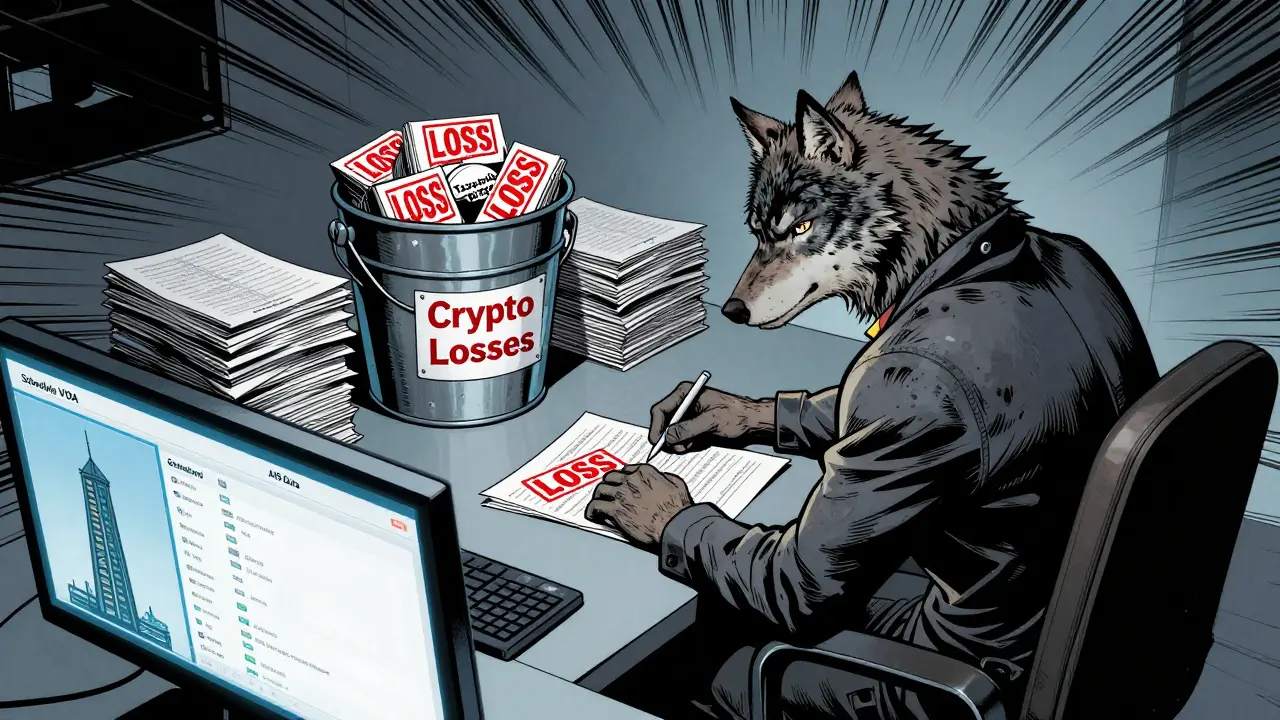 Trader unable to offset crypto losses against profits, shown in comic style