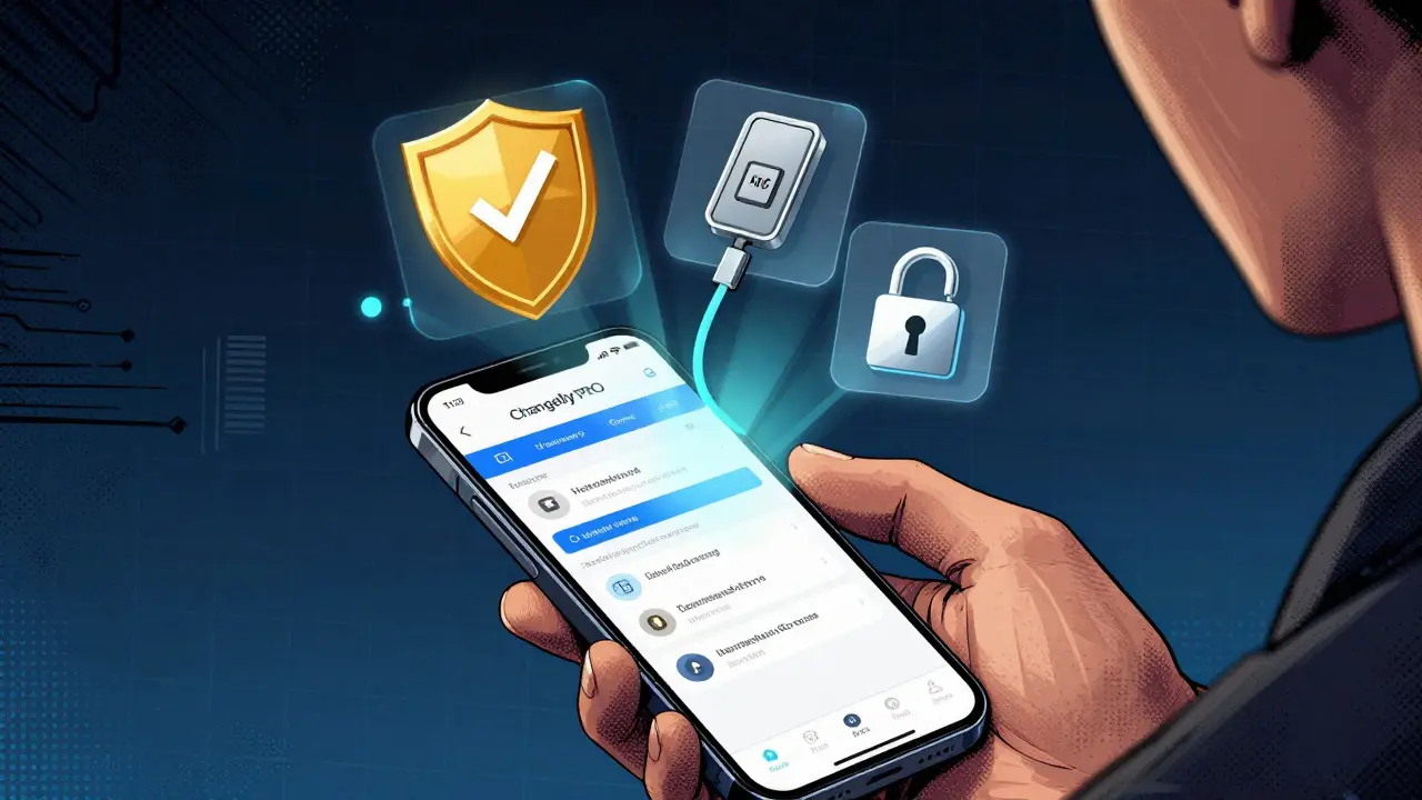 Traders using secure Changelly PRO app with KYC and hardware wallet integration.