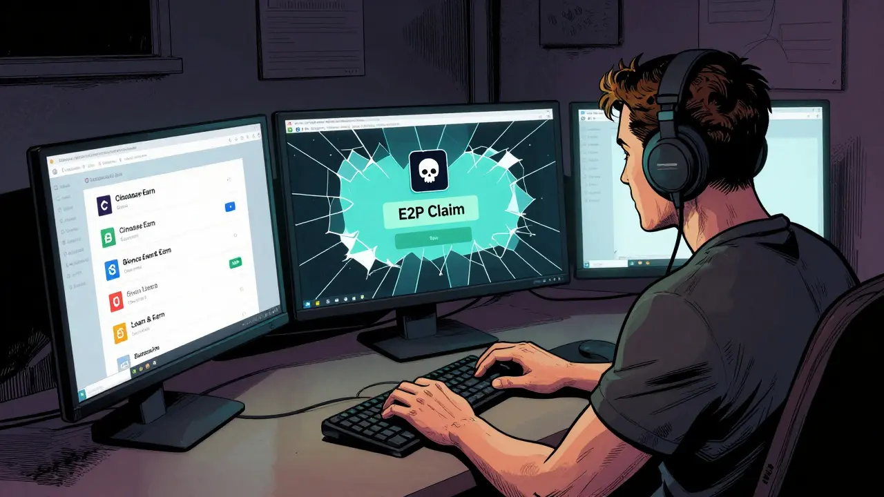 User researching safe crypto platforms on glowing computer screens