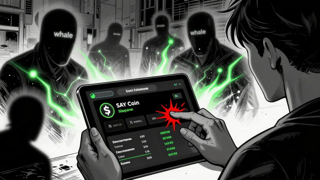 User swapping crypto with looming whale shadows in comic style