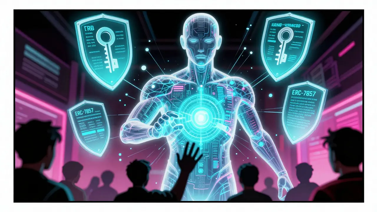A glowing AI agent NFT with encryption shields representing secure data transfer in graphic novel style