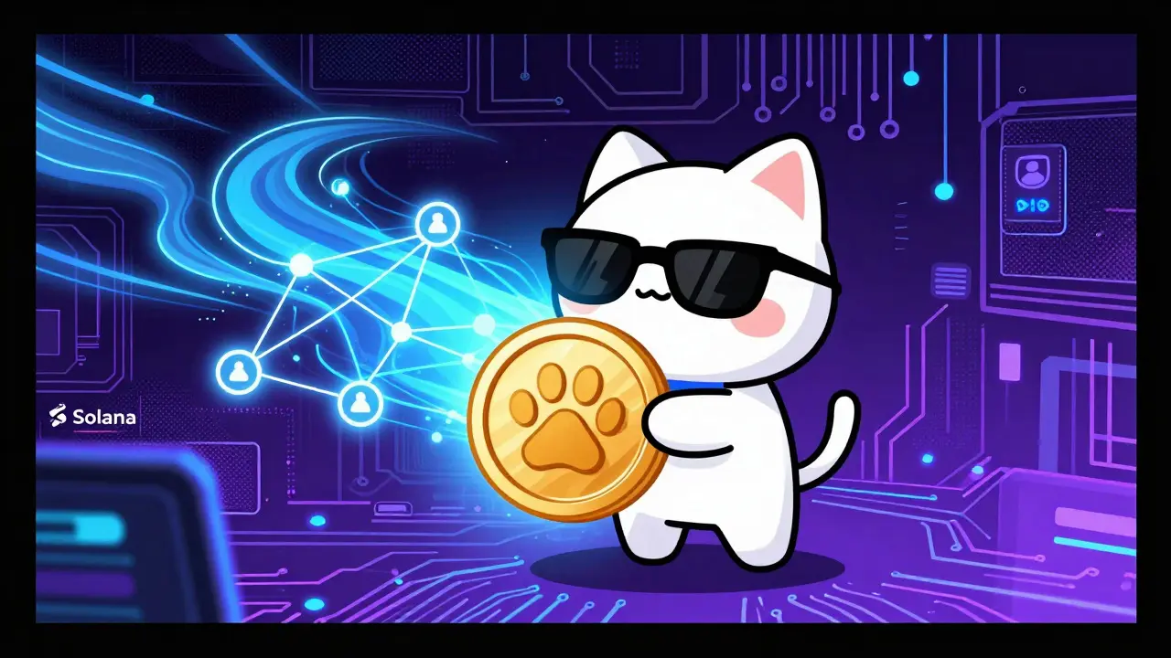 Cartoon cat mascot holding a glowing coin amidst digital blockchain streams