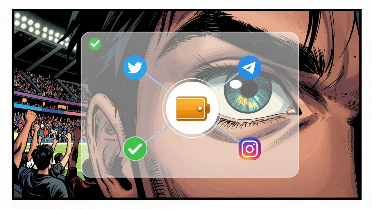 Collector verifying crypto steps with social icons overlay