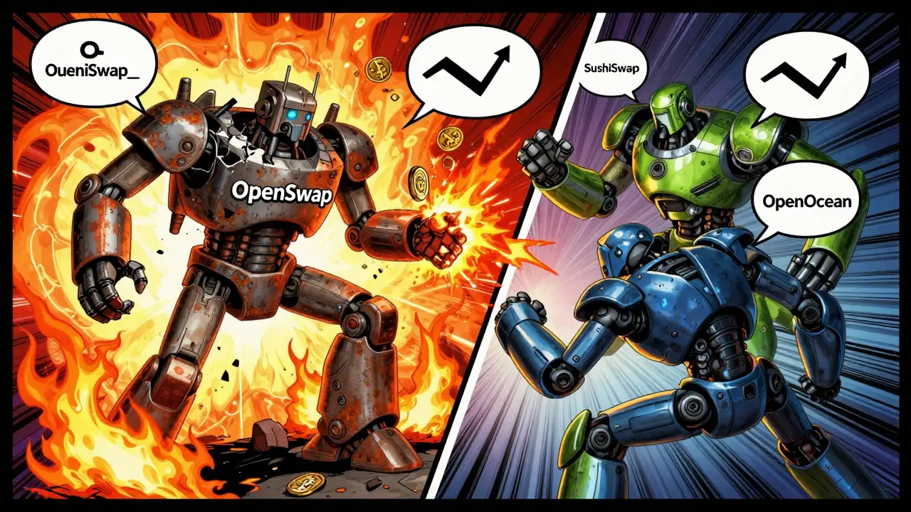 Comic battle showing OpenSwap losing to SushiSwap