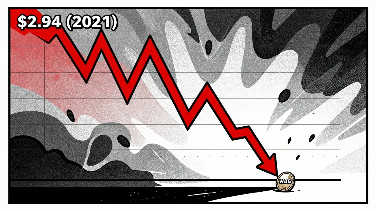 Comic book art showing a plummeting price chart for WAG token indicating severe value loss