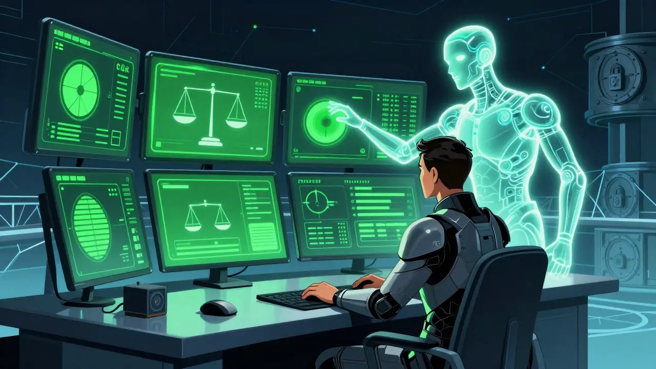 Comic book style image of a user safely managing collateral with AI assistance on a dashboard.