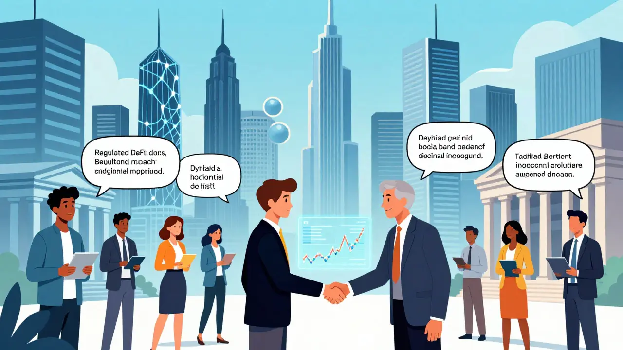 Comic illustration of hybrid future blending banks and blockchain