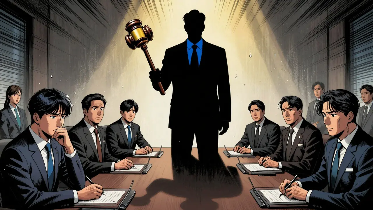 Comic style regulators confronting crypto executives in a boardroom