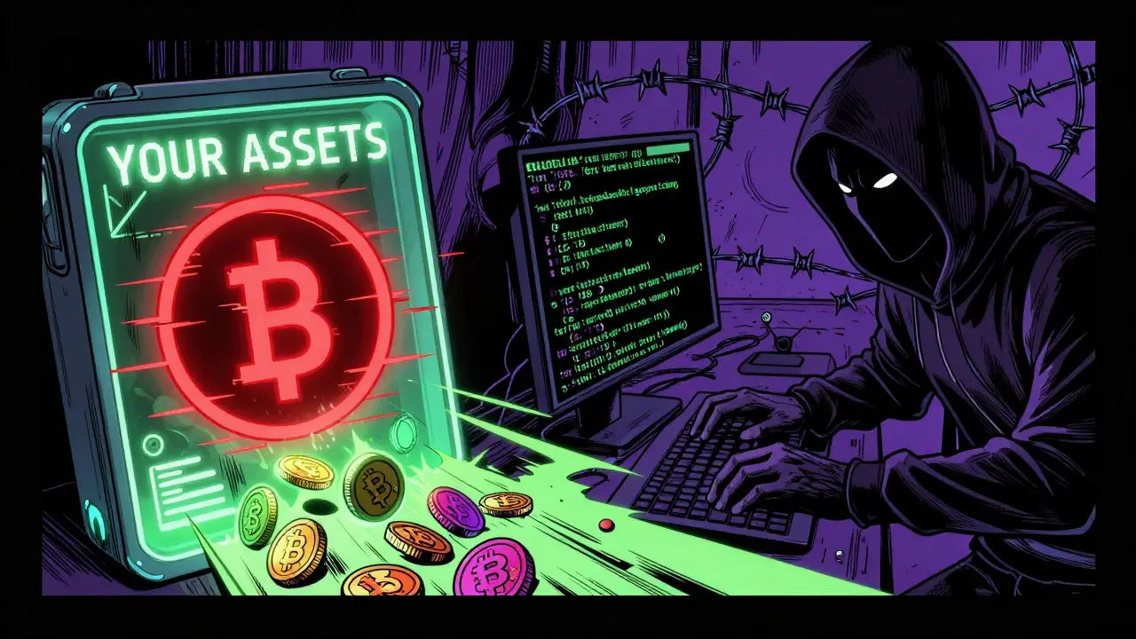 Digital wallet being drained by a malicious smart contract in a dark room