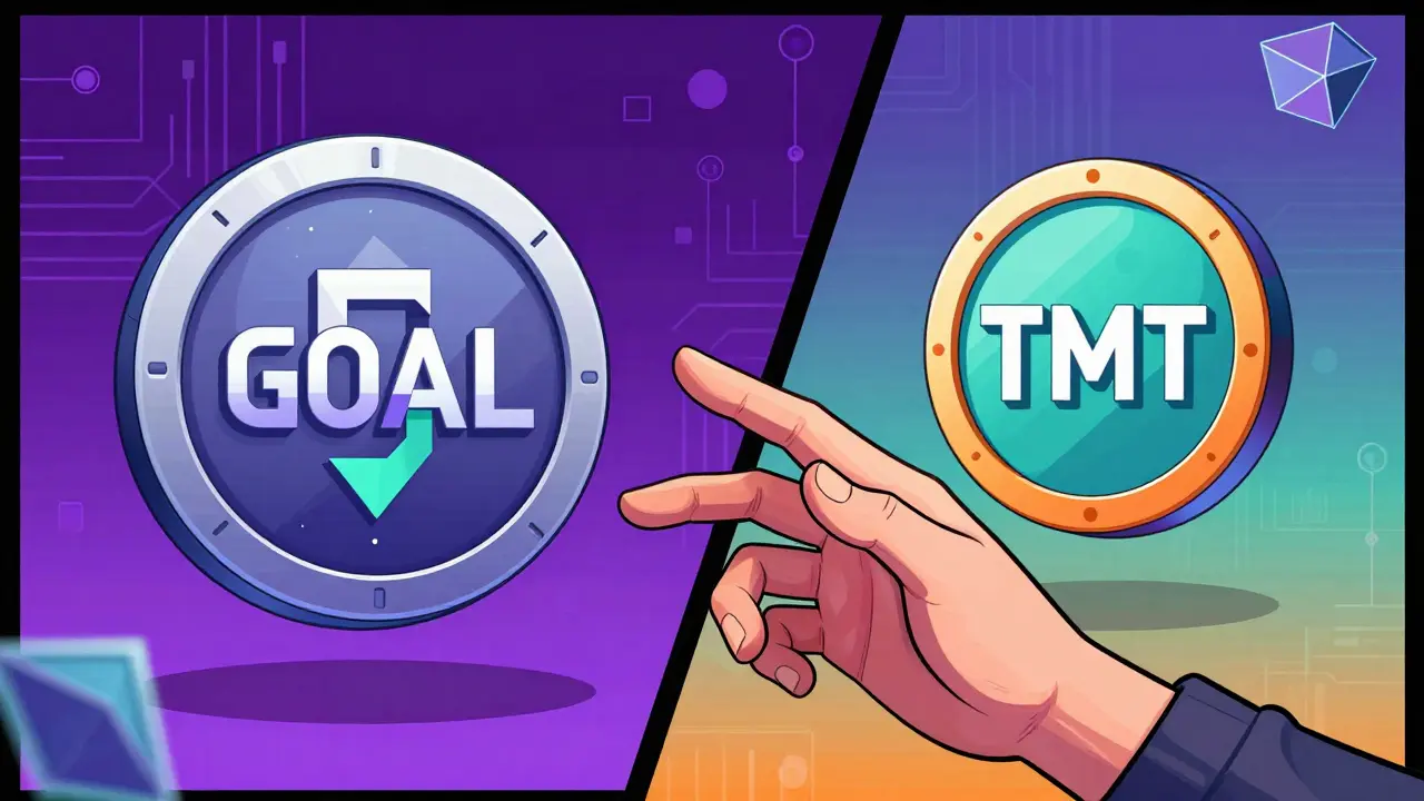 Dual GOAL and TMT tokens connecting in graphic novel art