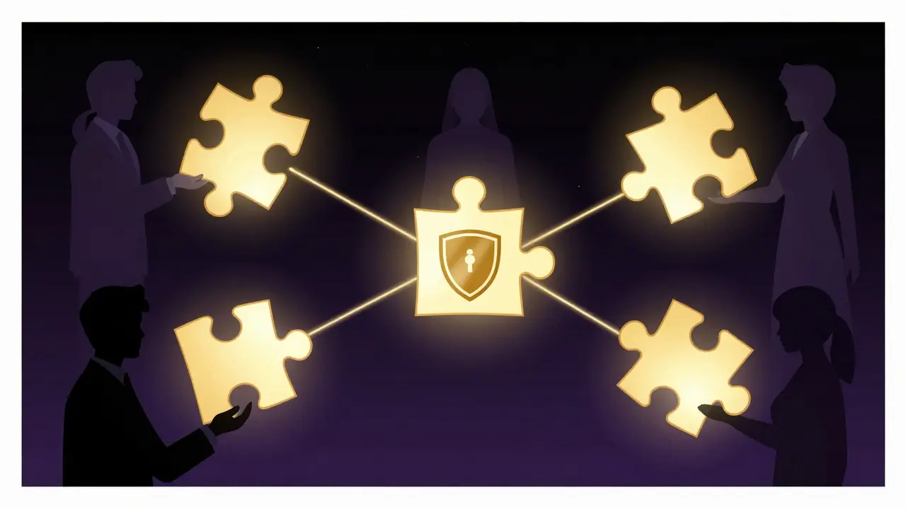 Floating puzzle pieces representing secret sharing in a graphic novel style