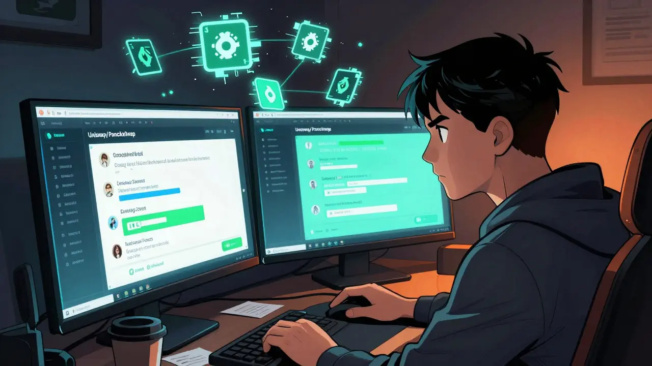 Gamer navigating complex crypto exchange interface
