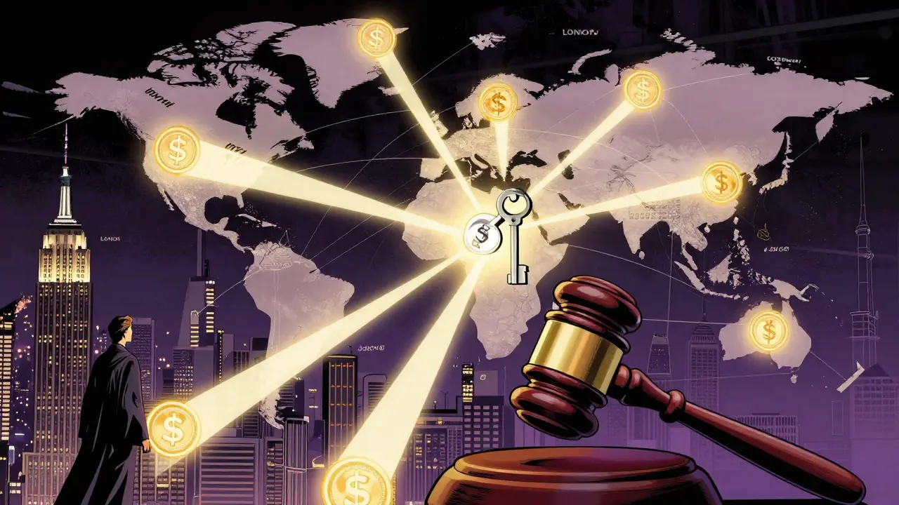 Global network showing secure cross-border transfer of tokenized assets