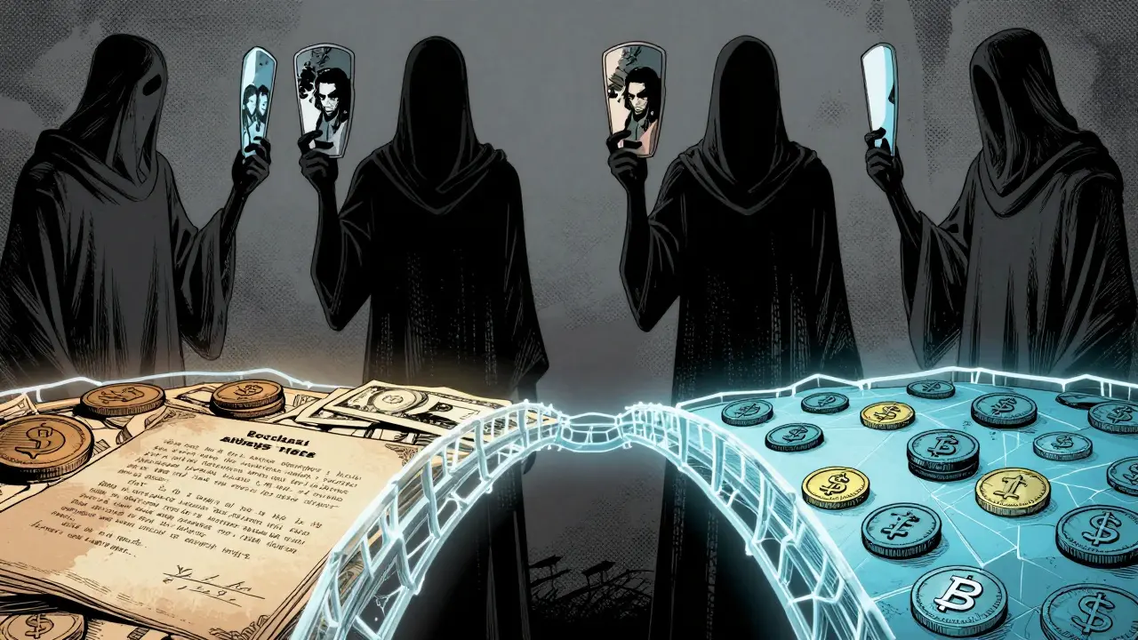 Graphic novel art showing shadowy oracles manipulating price data between real and digital assets.