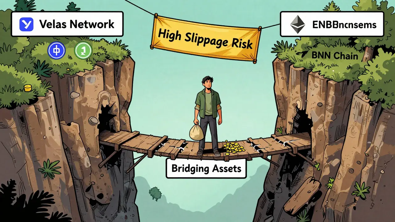 Graphic novel depiction of a trader facing risks on a bridge between crypto networks
