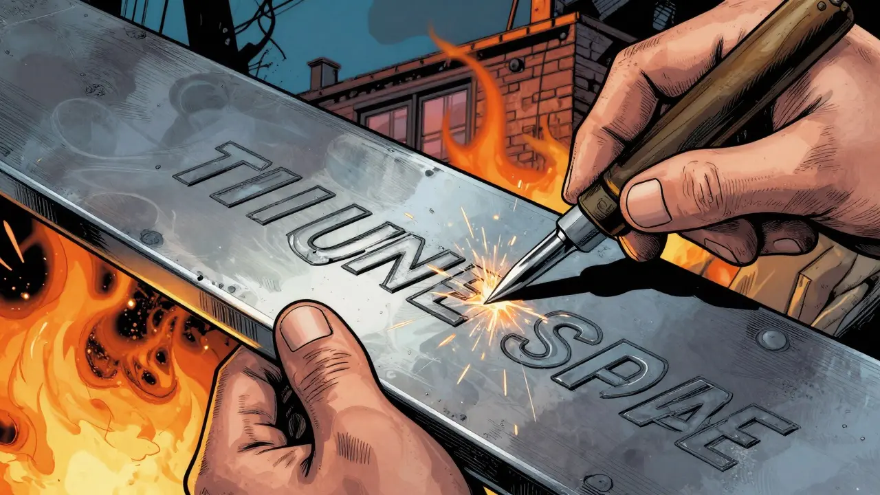 Hands engraving a metal backup plate with sparks flying, comic book style