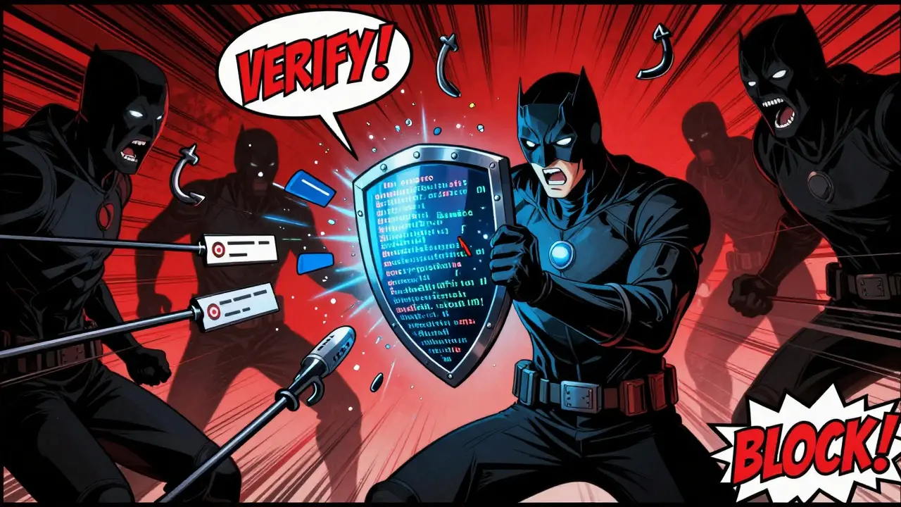 Hero blocking scammer attacks with security shield in comic style