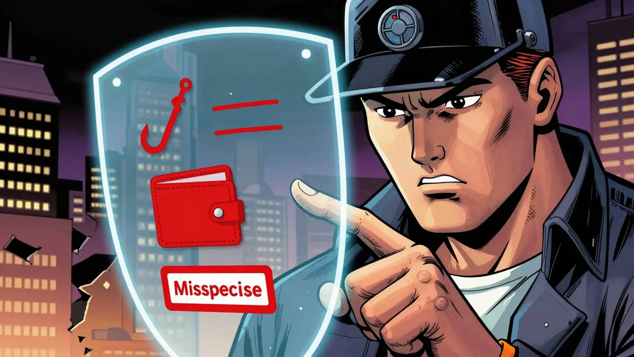Hero pointing at holographic shield showing crypto scam red flags