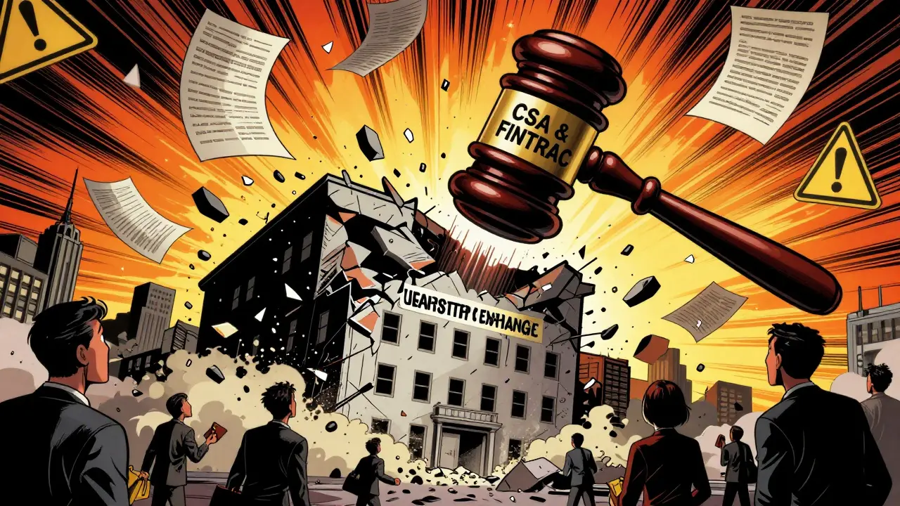Regulatory gavel crushes crumbling exchange building in dramatic comic art