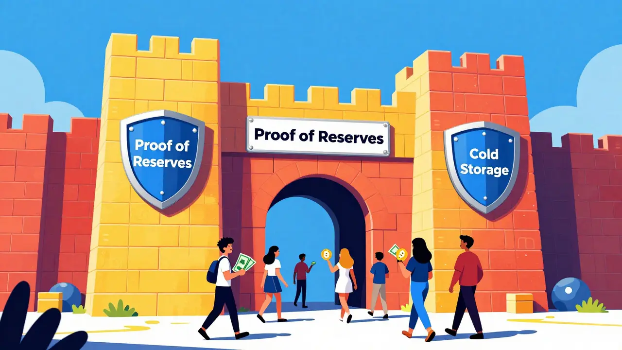 Secure digital fortress with shields represents safe crypto exchanges
