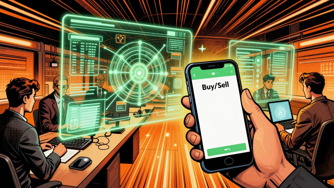 Smart contracts automating fast asset trades on a futuristic digital interface