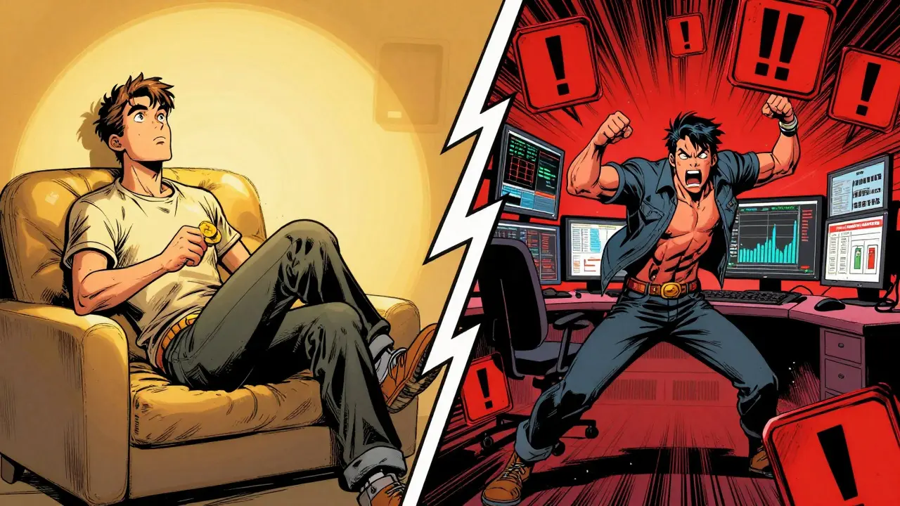 Split panel showing relaxed investor vs frantic day trader