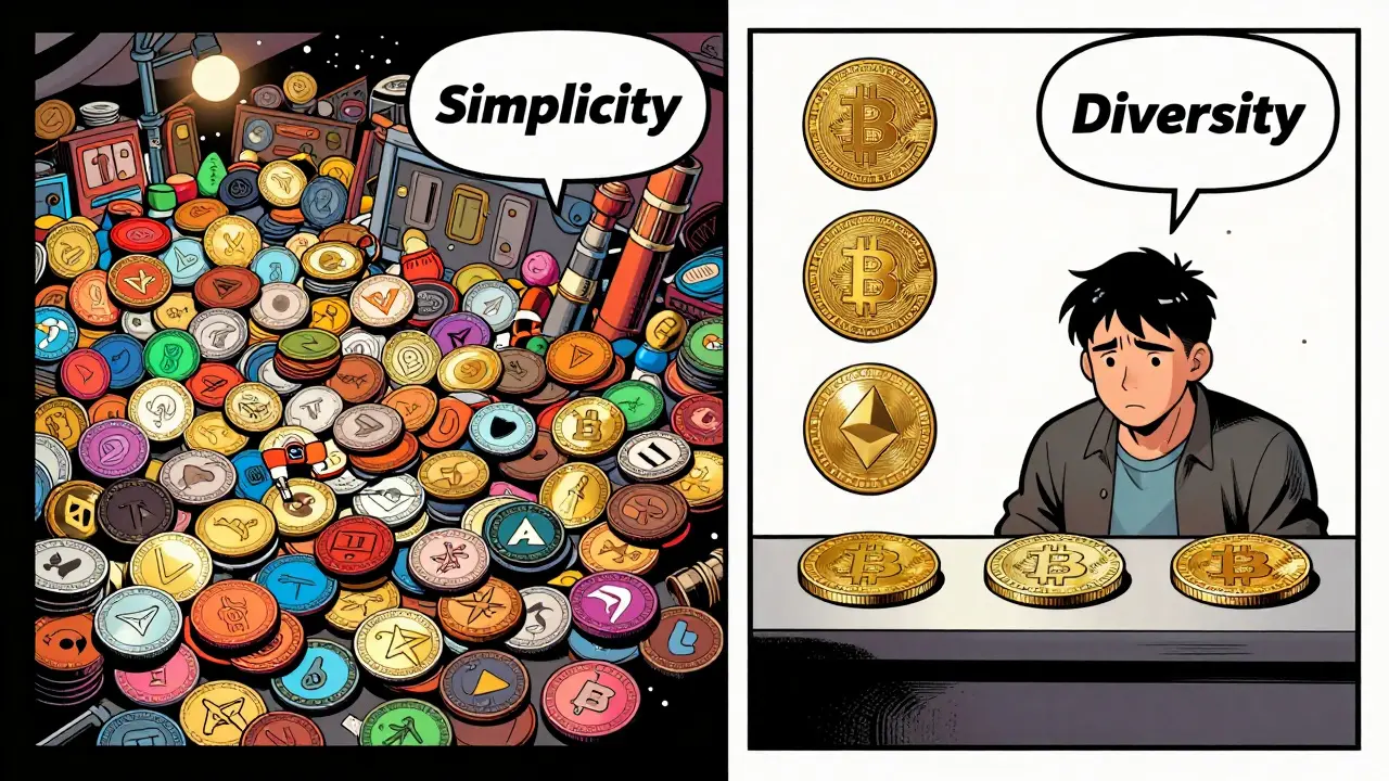 Split view comparing limited major coins on Koinim versus vast altcoin variety on other platforms