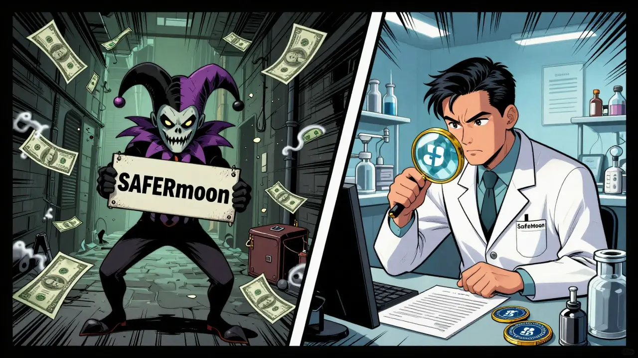 Split view contrasting Safermoon scam with real SafeMoon analysis