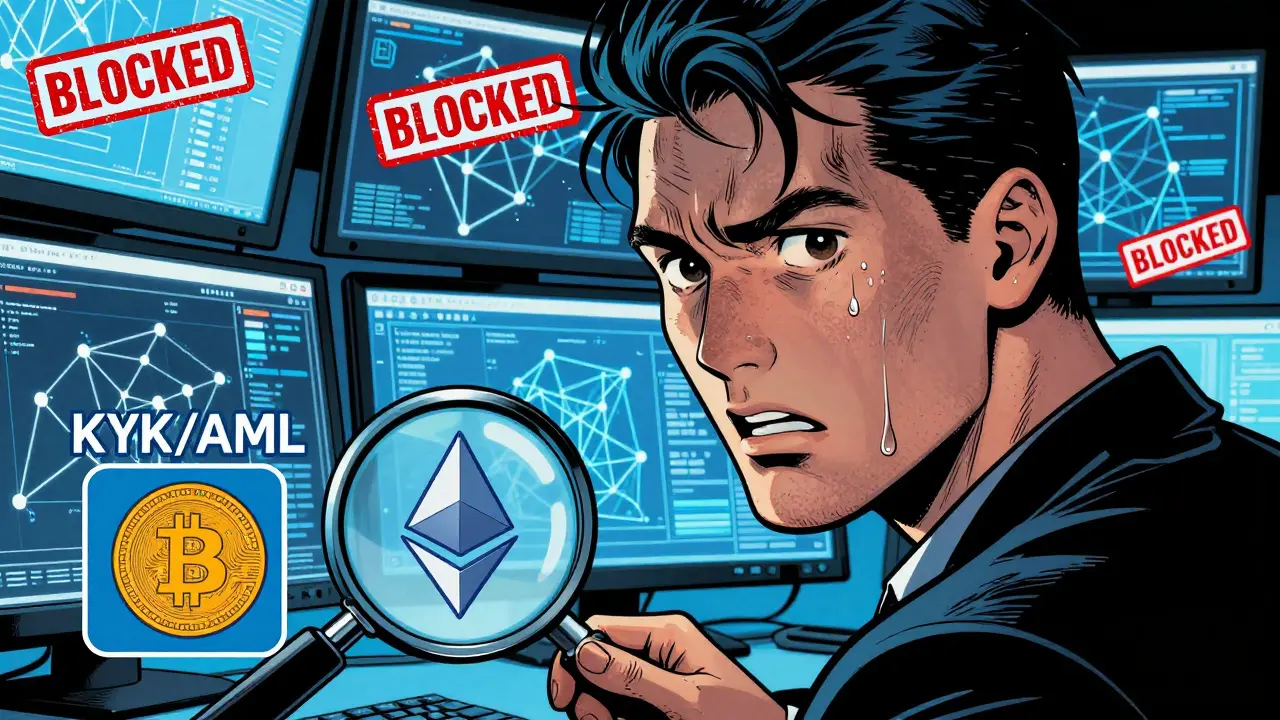 Stressed compliance officer analyzing crypto transactions on screens