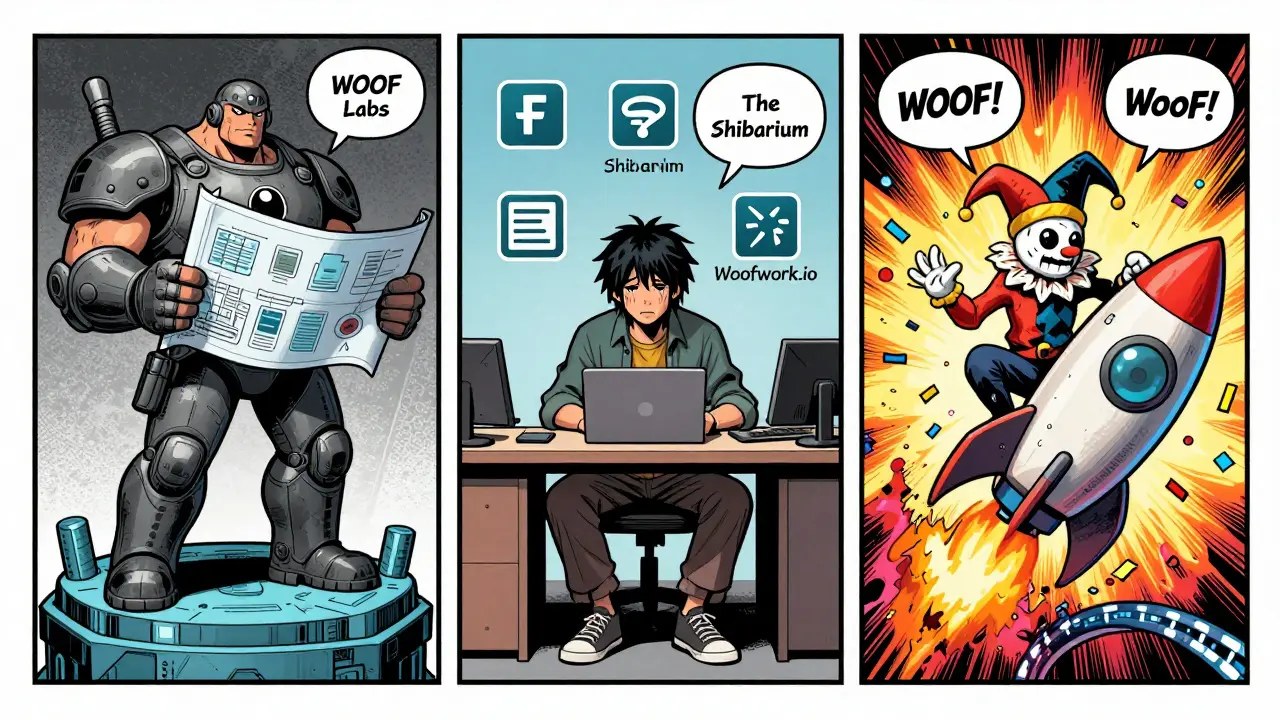 Three characters representing different WOOF tokens in graphic novel art