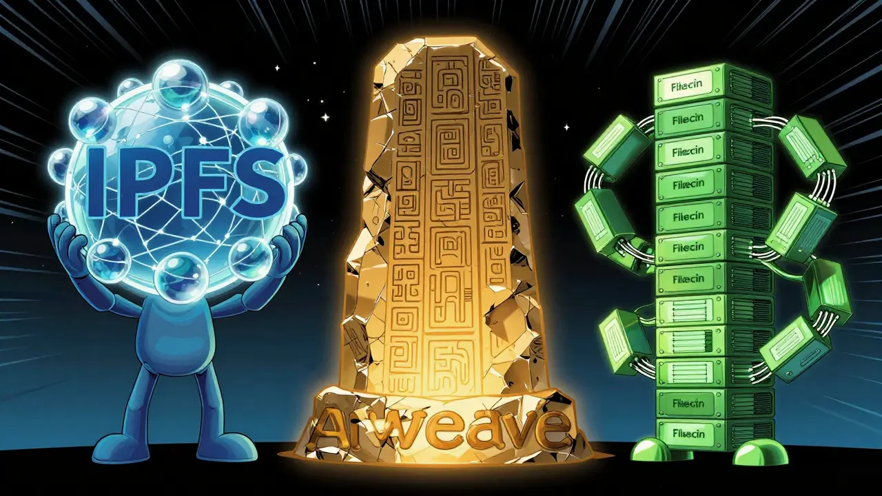 Three personified storage platforms IPFS, Arweave, and Filecoin standing together in comic art
