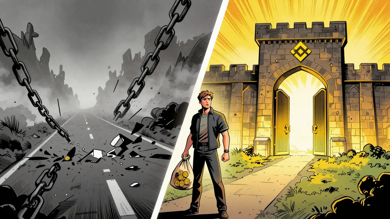 Trader choosing between risky offshore exchange and secure regulated fortress in graphic novel
