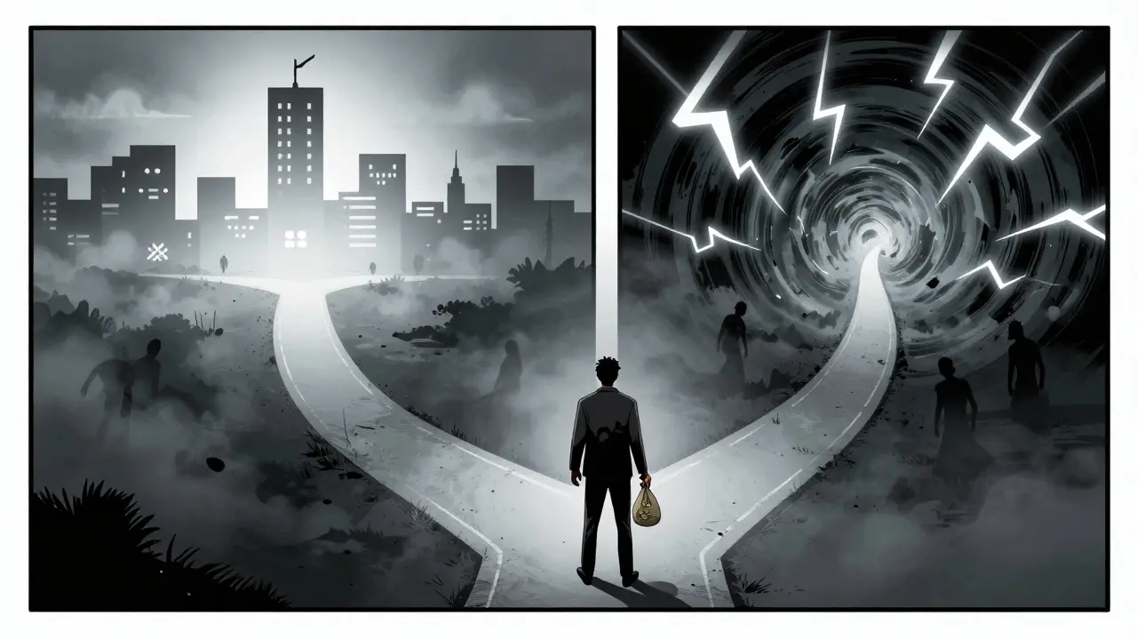 Trader facing a risky choice at a crossroads in a dark digital landscape
