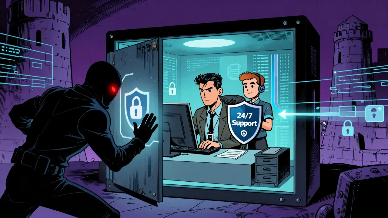 Trader protected by KYC shields and local support against cyber threats in comic style