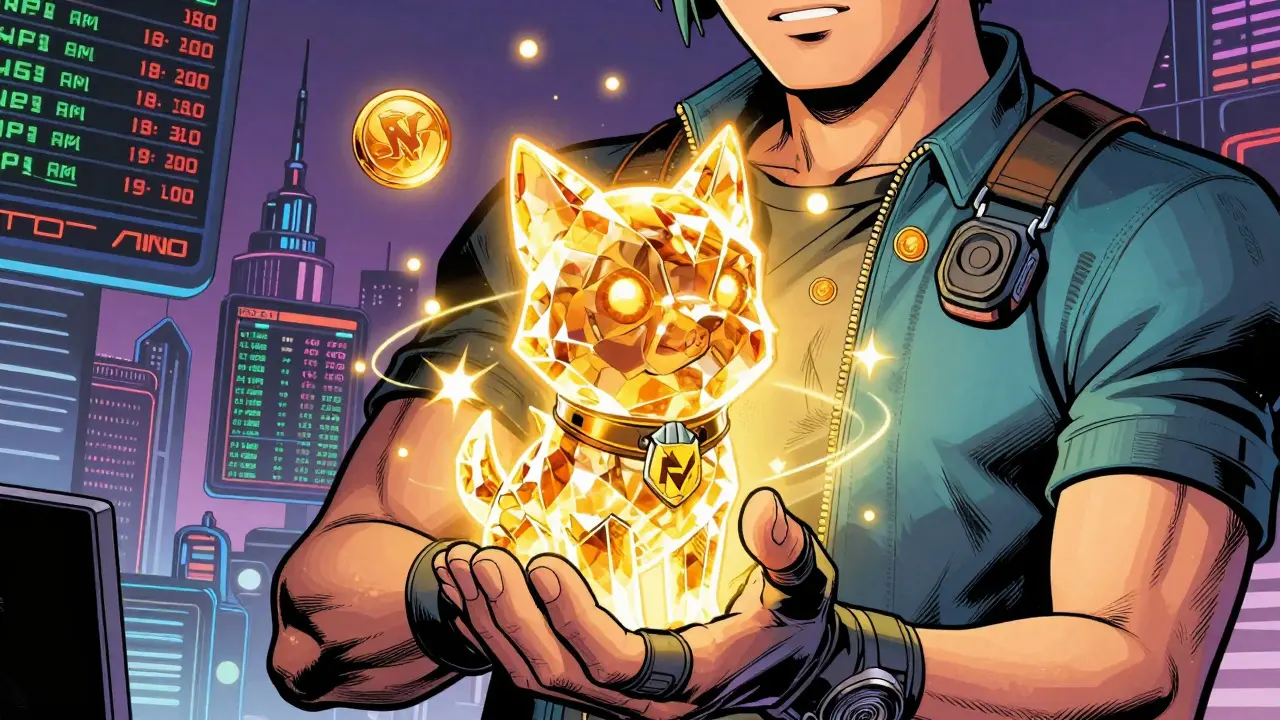 Triumphant gamer holding glowing NFT pet against city backdrop