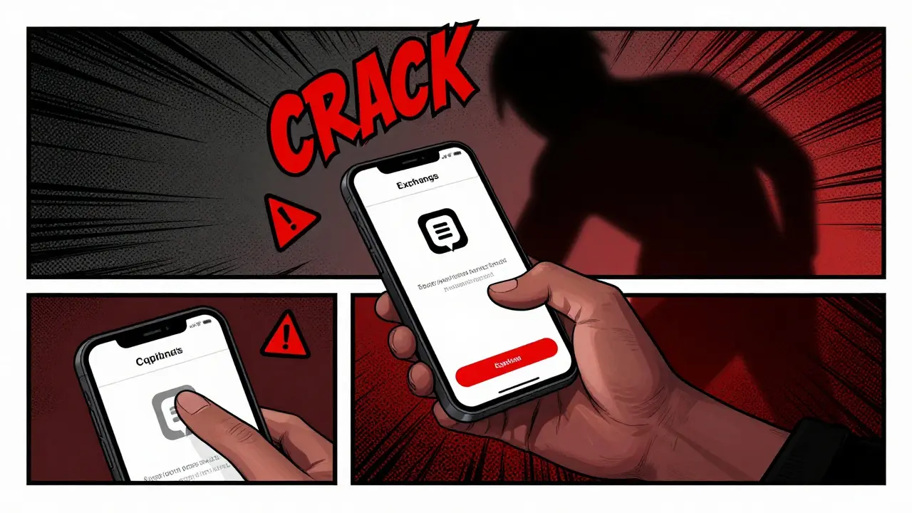 User struggling with frozen withdrawal on smartphone, surrounded by red warning symbols
