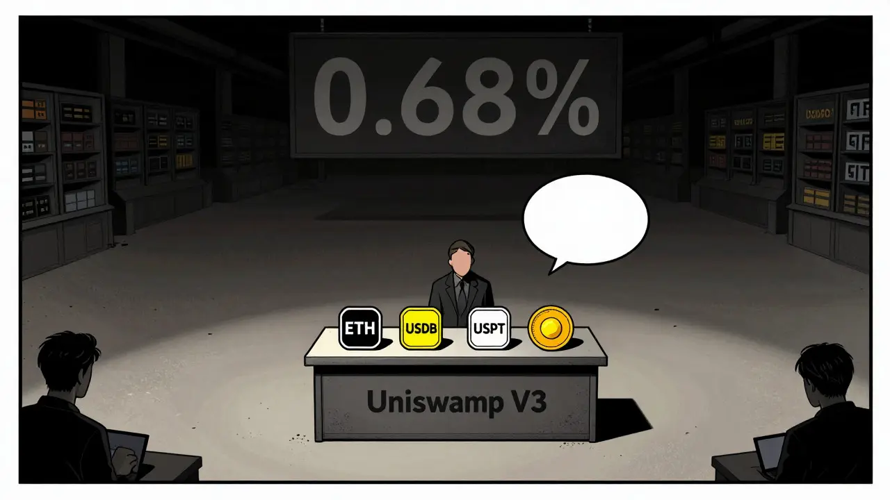 A sparse Uniswap V3 interface on Blast showing limited trading pairs and wide spreads.
