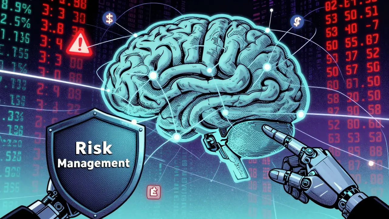 Abstract AI neural network managing financial risks and data streams in comic art style.