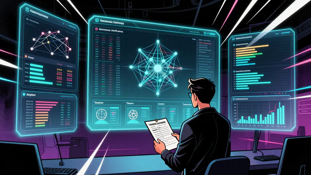Analyst reviewing data dashboards and scoring crypto projects in a graphic novel scene