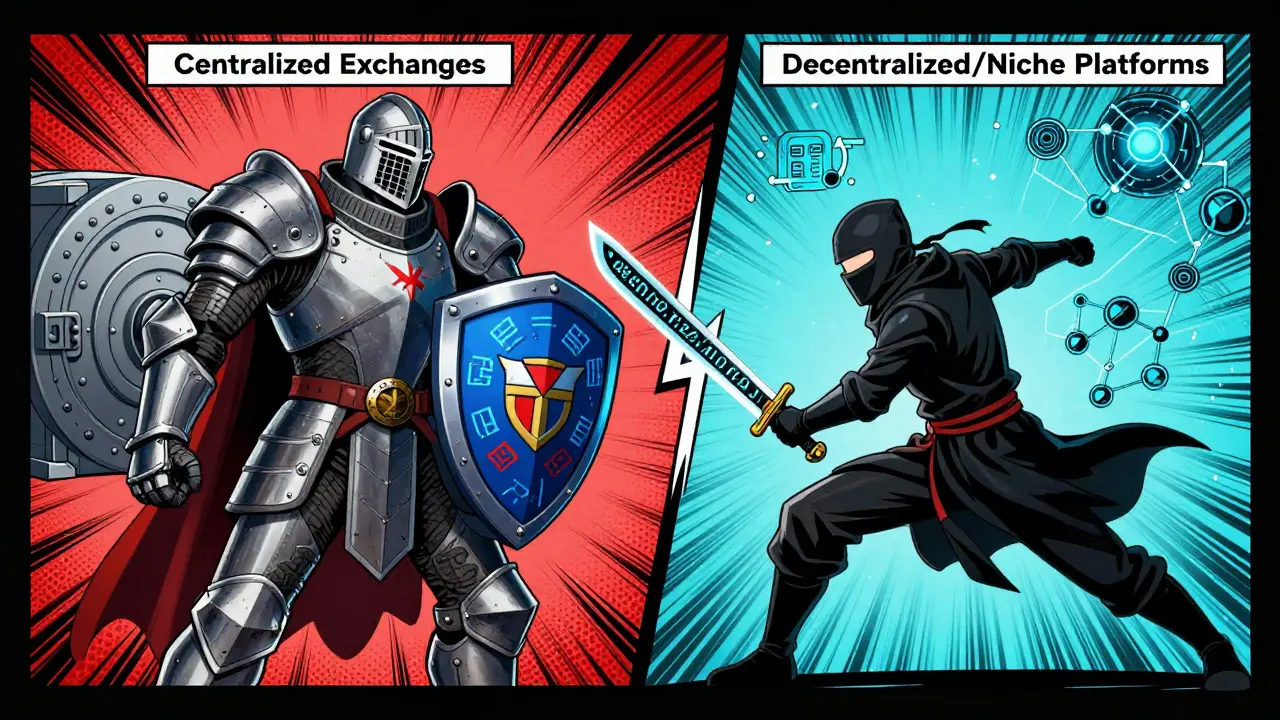 Armored knight vs code ninja representing centralized vs decentralized exchanges.