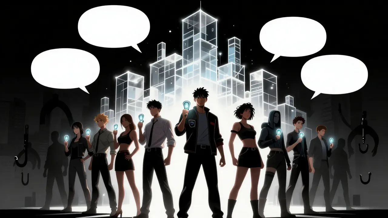 Community holding governance tokens against scams, comic