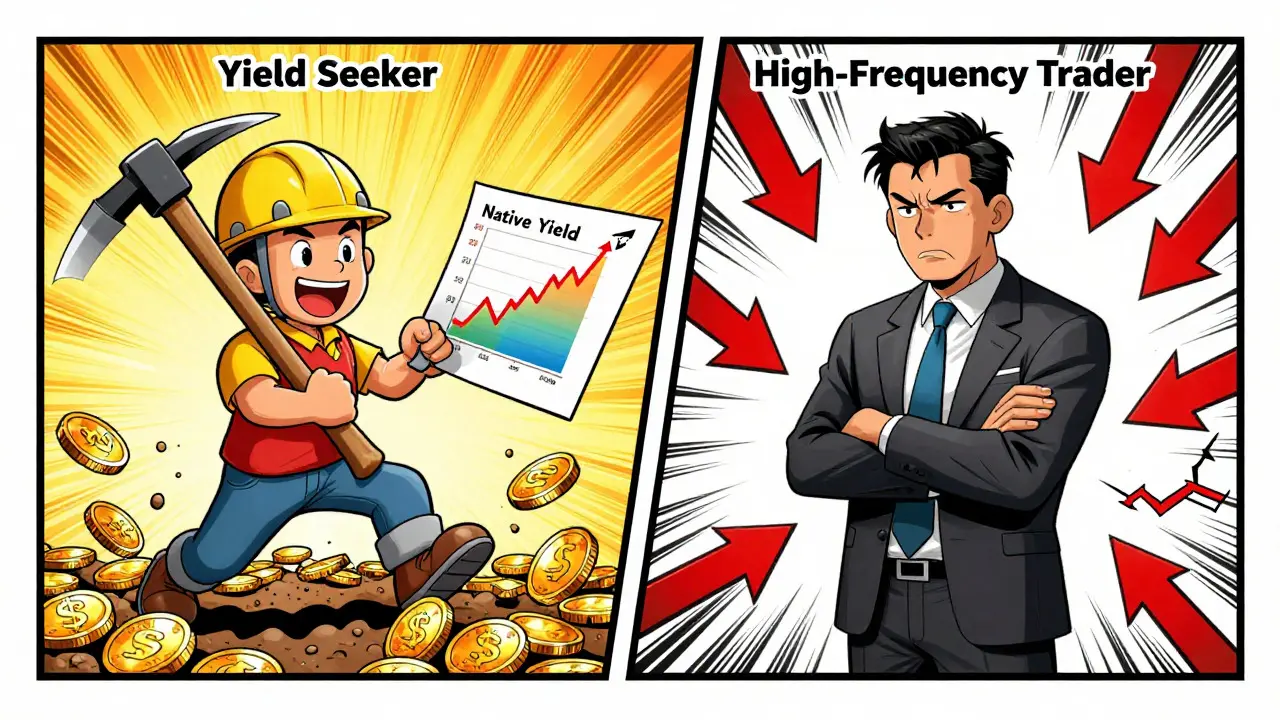 Contrasting traders: a happy yield seeker versus a frustrated high-frequency trader on Blast.