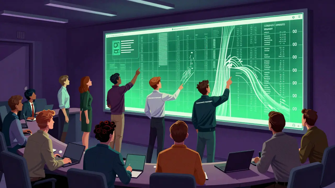 Diverse delegates collaborating in a high-tech council chamber for governance