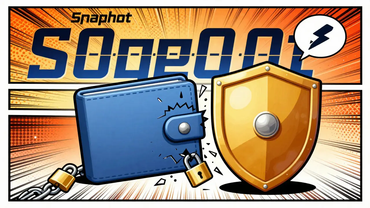 Dynamic comic art showing wallet security and countdown timer for blockchain snapshot