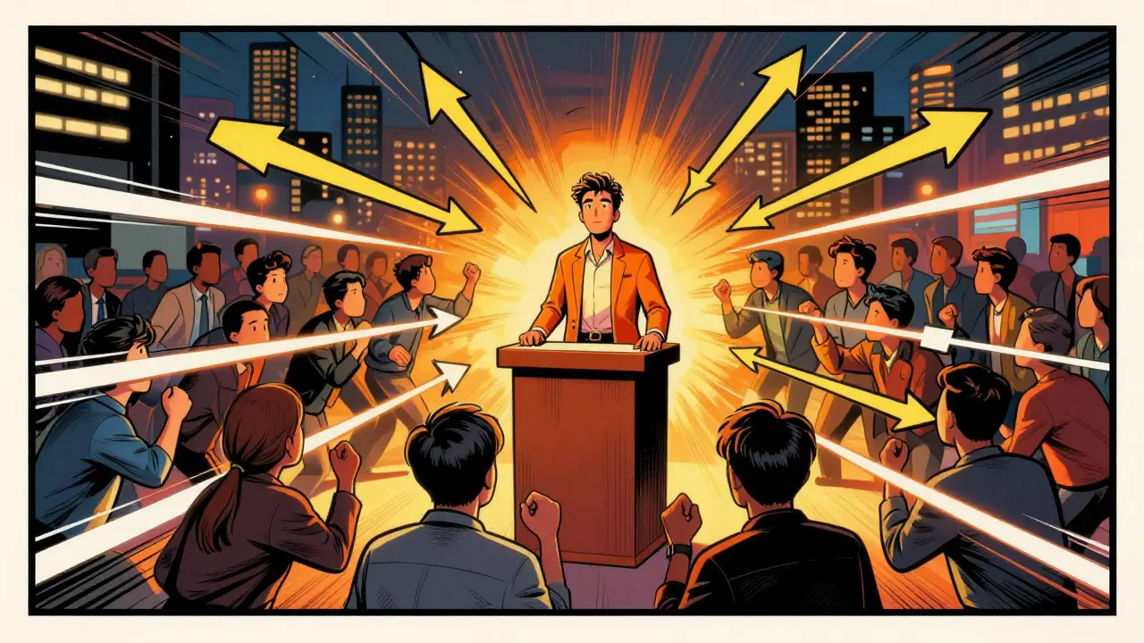 Elite trader leading a crowd of followers in synchronized copy trading, comic book style.