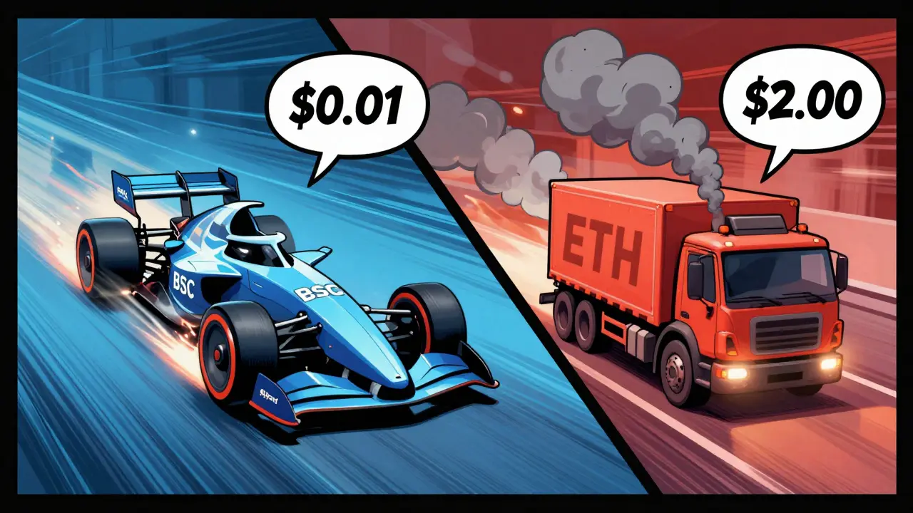 Fast BSC racer speeding past slow, smoking Ethereum truck in comic style