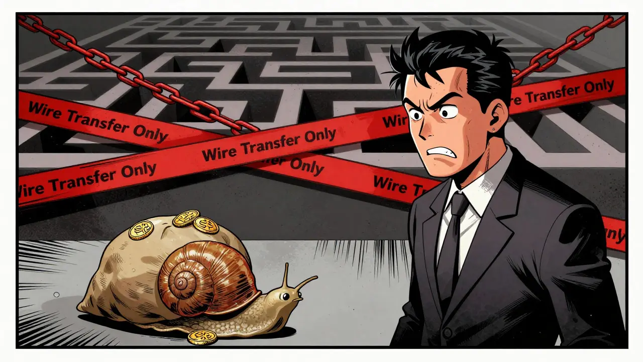 Frustrated trader facing wire transfer maze and withdrawal snail