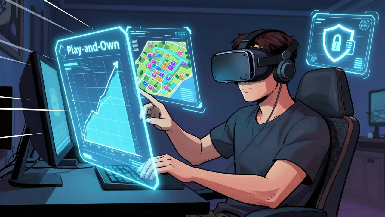 Gamer in VR headset viewing holographic play-to-own dashboards