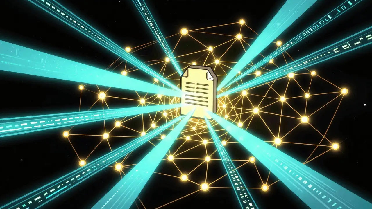 Glowing decentralized blockchain network scanning a file with cryptographic light